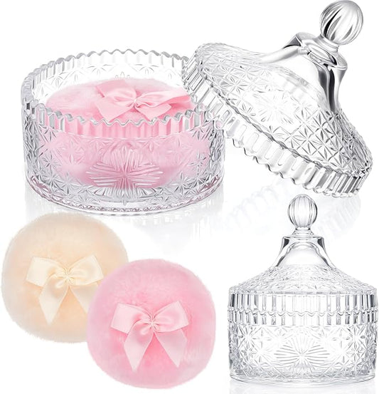 Tioncy 3 Pcs Large Body Powder Puff and Container Valentine's Day gift Powder Container with Puff Crystal Case Soft Washable Reusable Velour Face Body Glitter Wet Dry Makeup(Vintage Embossed,Clear)