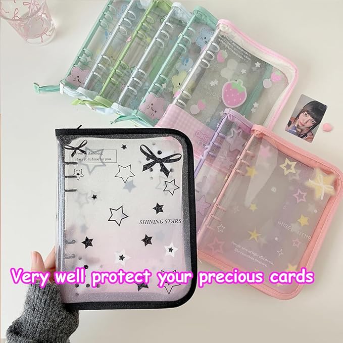 Kpop Photocard Binder Kpop Photocard Holder Book with 50pcs Holographic Photocard Sleeves&10 Korean Stickers, 6 Ring A5 Binder Photocard Album 25 Inner Pages with 200 Pockets (Black Heart)