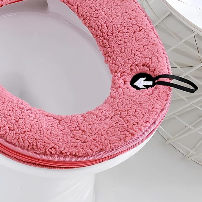 Warm Plush Toilet Seat Cover:Thicken Toilet Seat Pad with Hanging Loop and Zipper, Bathroom Soft Toilet Seat Covers Washable Cushion (Pink)