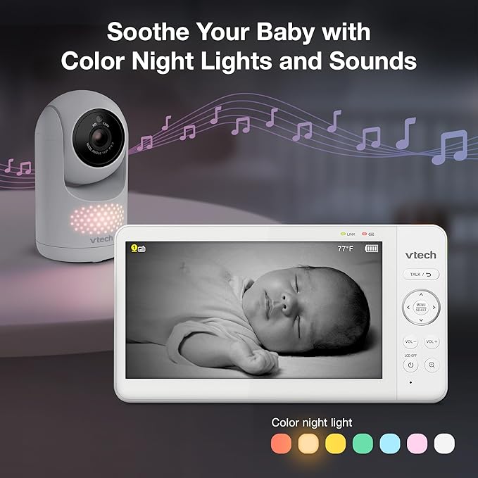 VTech Advanced HQ Max Twin 7" Digital Video 2-Cameras Baby Monitor with Pan Tilt Zoom, Long Battery Life 5000mAh, IPS Screen, Adaptive Multi-Color Night Light, 2-Way Talk, HQ Display, No WiFi, White