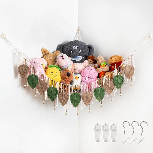 Pretty Jolly Macrame Stuffed Animal Hammock with Beads Hand Woven Leaf Tassels Corner Hanging Net Boho Plush Holder for Kid Room Nursery Decor Organizer for Girls Gift(AvocadoGreen & Milkcoffee)
