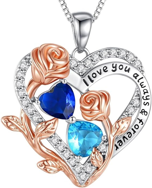 I Love You Birthstone Necklace, 925 Sterling Silver Heart Pendant with CZ Diamond Stones, Birthday Gifts for Women, Romantic Gift for Wife, Girlfriend, Her, Anniversary, Valentine's Day, Christmas