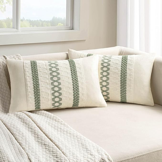 MIULEE Set of 2 Sage Green Boho Decorative Lumbar Pillow Covers 12x20 Inch | Farmhouse Couch Throw Pillows, Modern Cotton Cushion Covers, Macrame Woven Spring Home Decor for Bed Sofa Chair