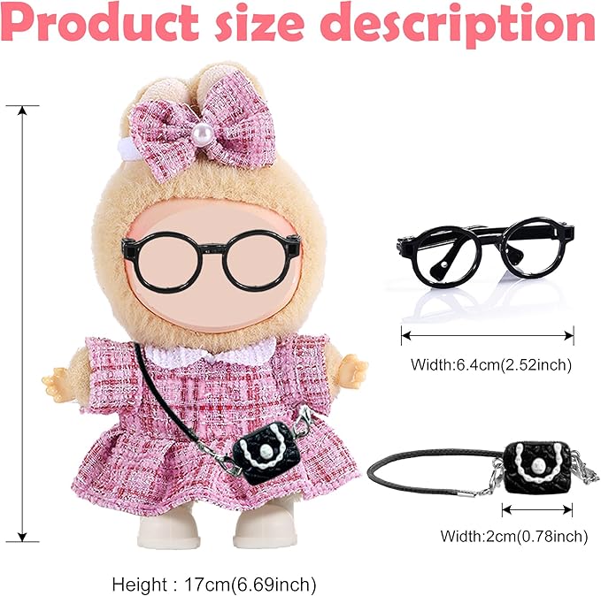 Fashion 17cm Chic Doll Clothes Accessories Set Include: 1 Hairpin, 1 Dress, 1 Glasses, 1 Bag and 1 Shoes for Dress up Your Dolls (Doll Not Included), Chic #Pink