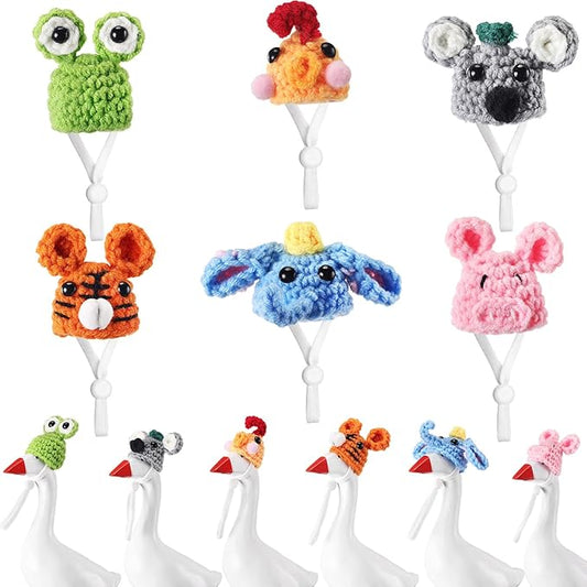 Geyoga 6 Pcs Mini Knitted Hats 7 Inch Goose Outfits Hat with Adjustable Strap Mini Porch Goose Headwear for Statue Key Holder