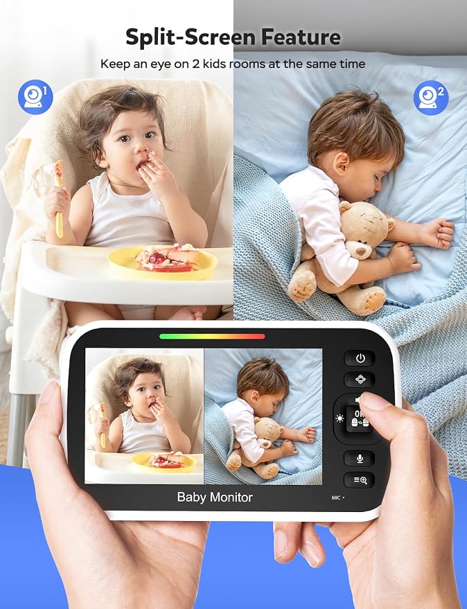 GoodBaby 5" Split Screen Baby Monitor with 2 Cameras and Audio, No WiFi Secure FHSS, 30-Hour Battery, Remote PTZ, Auto Night Vision, Room Temperature, Two-Way Audio，Lullabies，1000ft Range