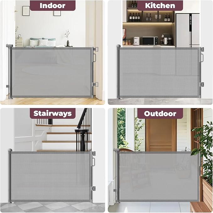 Retractable Baby Gate for Stairs & Doorways, Mesh Dog Gate Indoor Outdoor, Extends to 55" Wide 34" Tall Child Gate for Hallways, Deck, Porch, Pet Toddler Safety Essentials, Easy Install, Grey