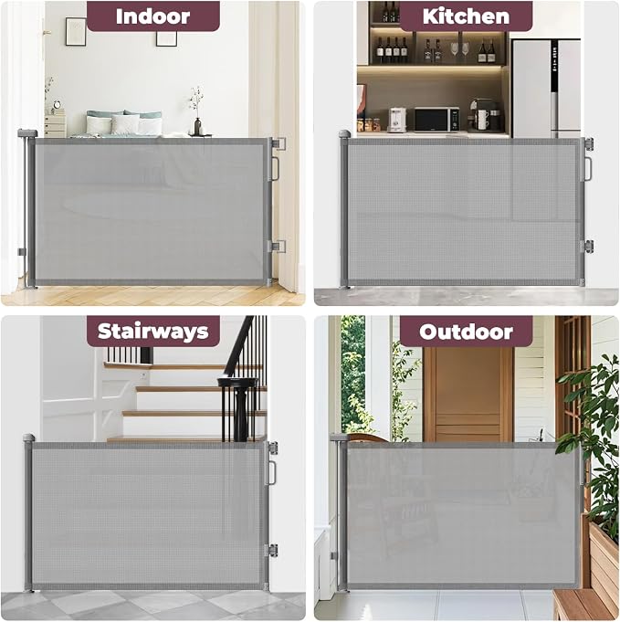 Retractable Baby Gates 2 Pack, 55" Wide Mesh Dog Gate Indoor, 34" Tall Gate for Stairs Doorways Hallways Deck, Child Pet Safety Gate for Indoor Outdoor Home Use, Grey
