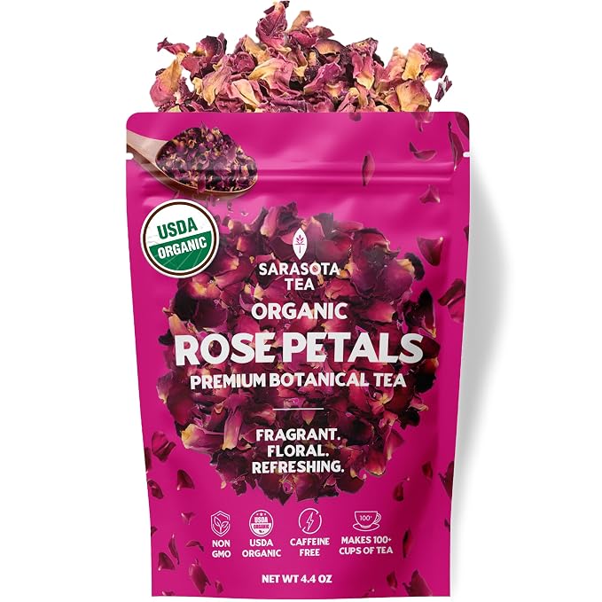 Organic Rose Petals 4.4oz | USDA Organic Dried Rose Petals for Tea, Culinary & Baking | Edible Rose Flowers | Caffeine Free Herbal Tea | Non-GMO | Floral & Aromatic