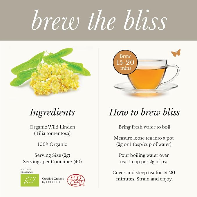 Wild Bliss Organic Linden Flower Tea - Caffeine Free Loose Leaf Calming Herbal Tea - 2.82 Ounces - 40 Servings