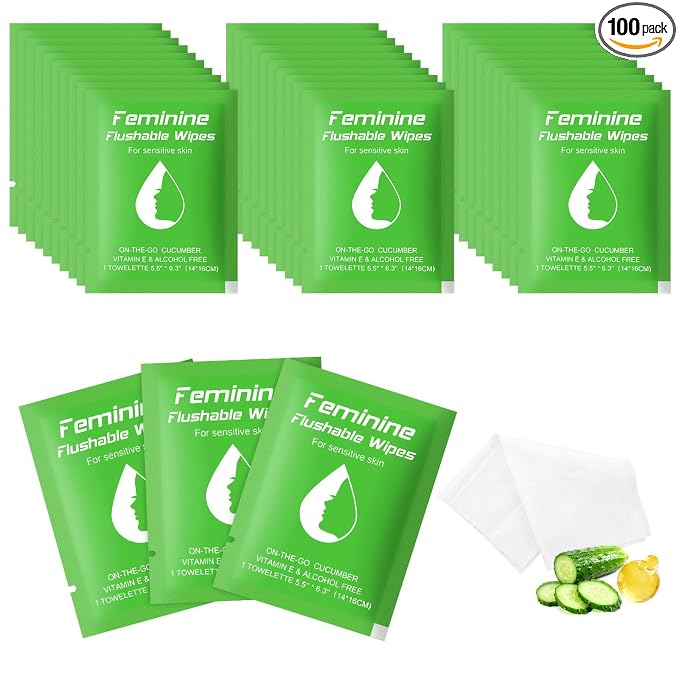 twoworld 100 Feminine Wipes Flushable Travel Individually Wrapped | Travel Wipes for Women,Feminine Care Wet Wipes Travel Size Vaginal Wipes for Adult,Girl and Homeless(Cucumber)