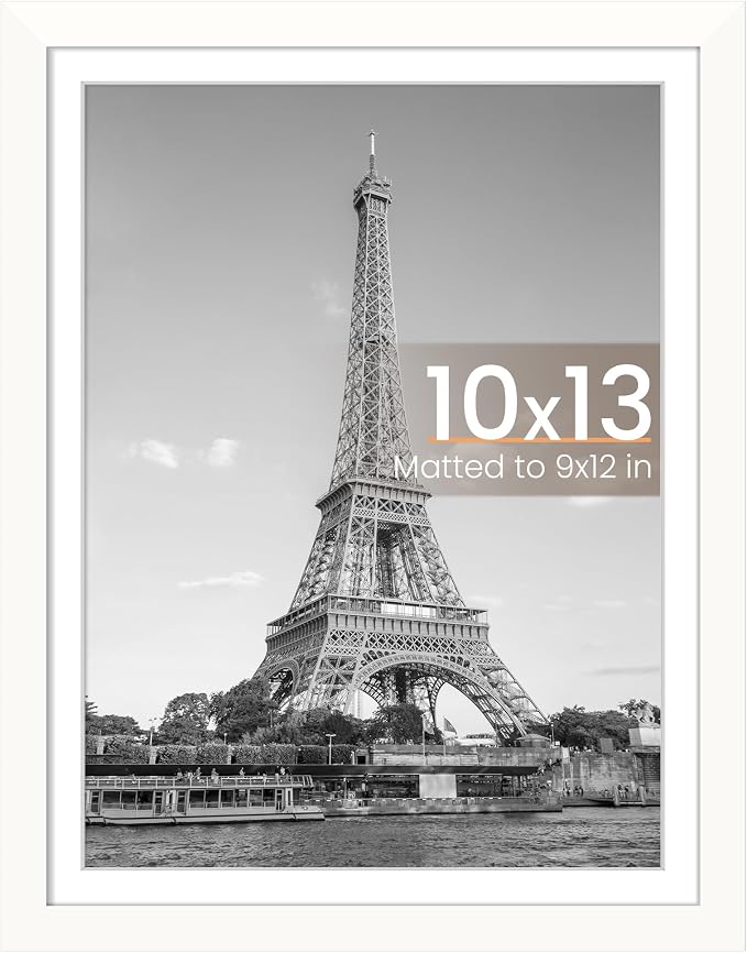 upsimples 10x13 Picture Frames, Display Pictures 9x12 with Mat or 10 x 13 Without, Wall Hanging Photo Frame, White, 1 Pack