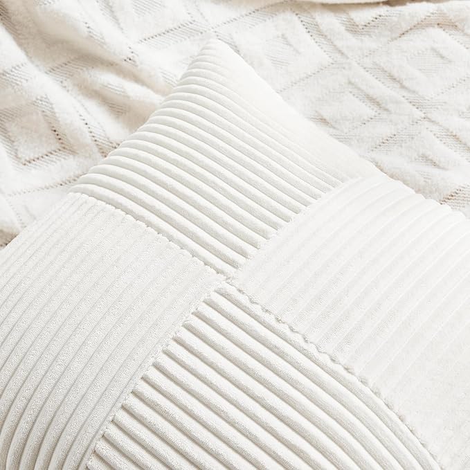 Fancy Homi 2 Packs Cream White Euro Decorative Throw Pillow Covers 28x28 Inch for Couch Bed Sofa, Farmhouse Boho Home Decor, Soft Corss Corduroy Patchwork Textured Square Cushion Case 71x71 cm