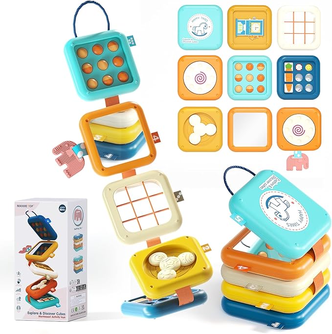 Busy Board for 1 Year Old, Travel Toys for Toddlers 1-3, 8 in 1 Montessori Activity Cube Toy for Babies in Airplane Car Stroller, Sensory Education Birthday Gifts for 1 2 Year Old Boy Girl Infant