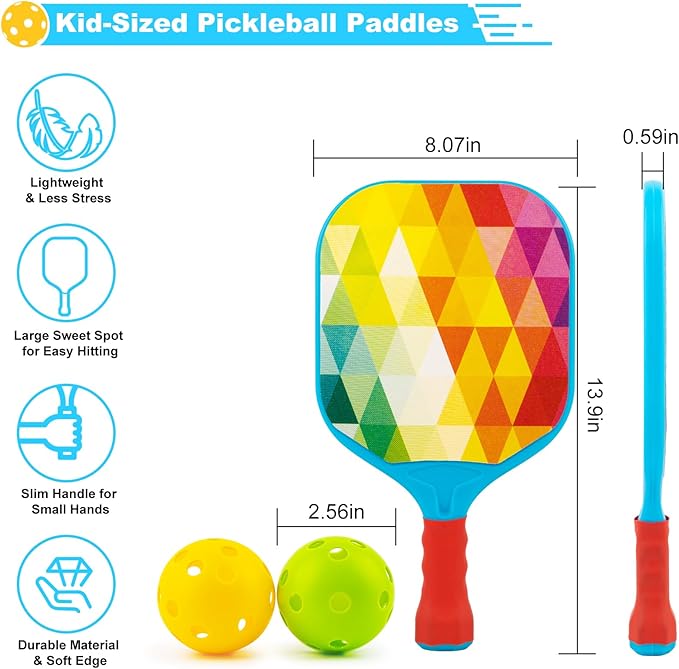 Foayex Kids Pickleball Paddles Set of 2, Child-Size Lightweight Pickleball Rackets with Comfort Grip, Birthday Gifts for Boys Girls Ages 4-8 Year Old, Toddler Outdoor Toys Yard Games