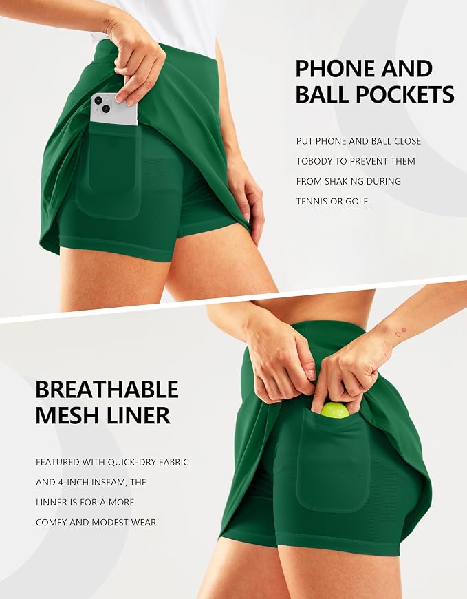 16" Golf Skirt with 2 Zipper Pockets | Tee Holder, Mesh Shorts, High Waisted, Casual, Pickleball, Athletic, Tennis, Skorts for Women