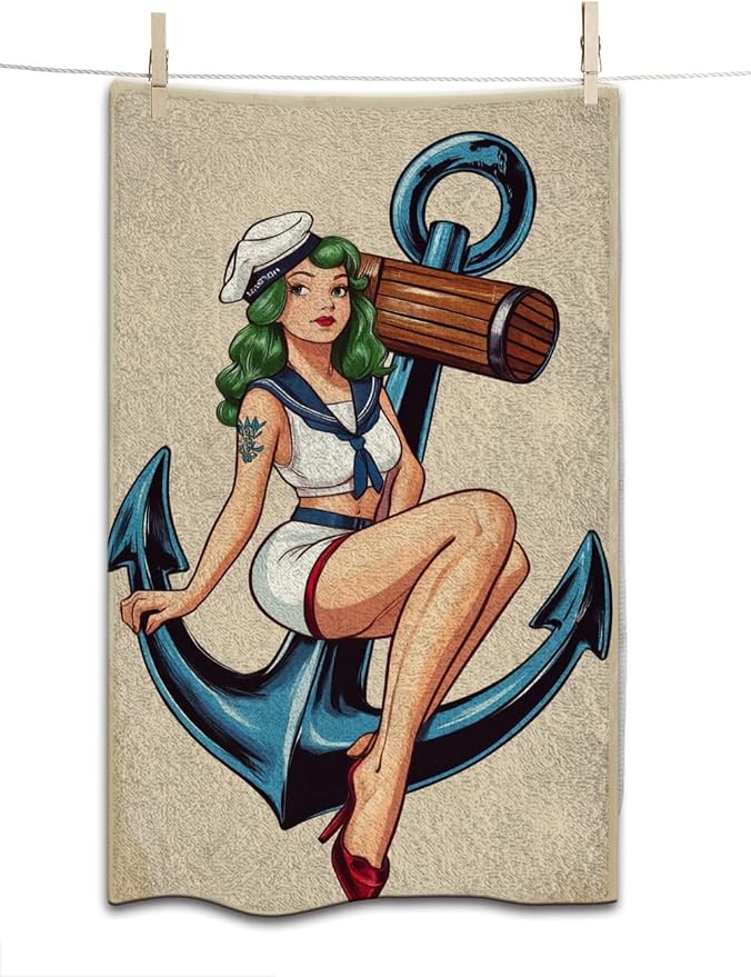 Vintage Pinup Sailor Girl Hand Towel Blue Anchor Face Towels Suit Travel Sports Pool Swimming Bath Camping Spa Gym Yoga,15x30 Inch