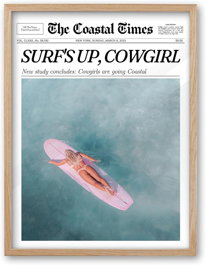 iHery Small 8x10in Surf’s Up Cowgirl Framed Newspaper Wall Art | Natural OAK Wood Frame with Canvas Print, Coastal Western Decor for Bedroom, Girl Dorm, Living Room and Bar Cart, 1Pack