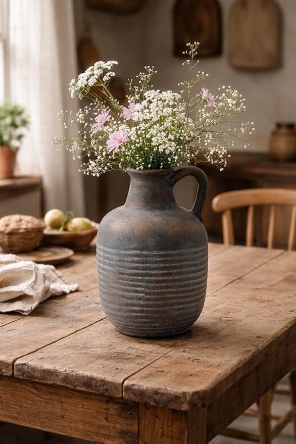 SIDUCAL Rustic Ceramic Farmhouse Flower Vase with 1 Handle-Height 8.43" Terracotta Vase, Unique Textured Pottery Flower Vases for Home Decor, Table, Wedding, Living Room, Shelf Decor, Bronze Black