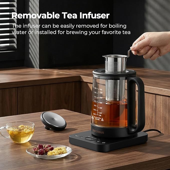 Narcissus Electric Kettle Temperature Control ±5℉, 1.8L Glass Electric Tea Kettle with Removable Infuser for Flowers & Fruit Tea, 1200W Fast Boiling, 6 Hours Keep Warming, Black