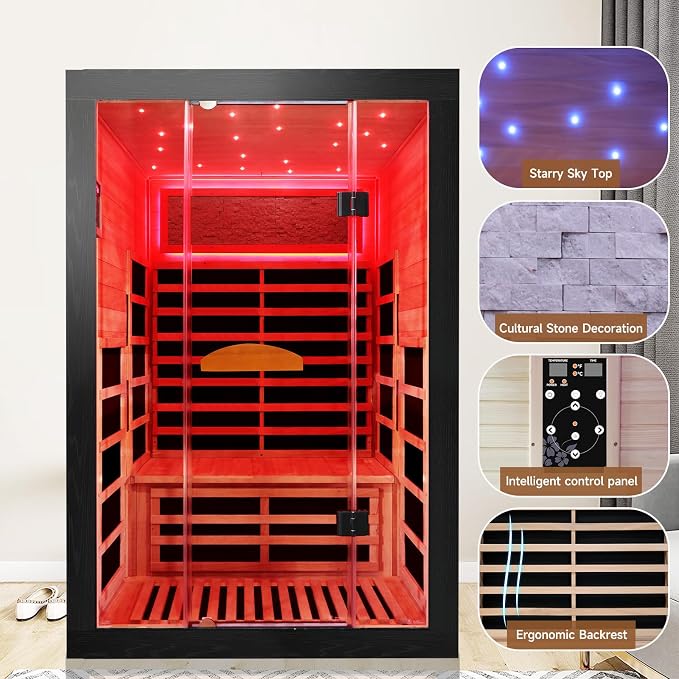 OUTEXER Infrared Sauna 2000W Wooden Saunas Home Spa Room Wood Low-EMF Indoor Saunas with with 7 Color Starry Sky Ceiling Light for Two Person 74.8 * 47.2 * 41.3Inch