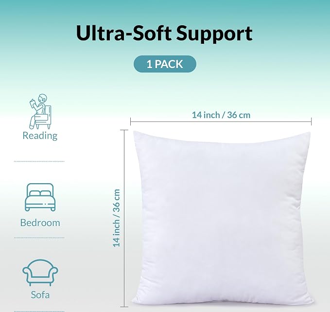 ROYALE LINENS 14 x 14 Pillow Insert - Down Alternative Throw Pillows Insert - Square Pillow Pack of 1 White - Bed & Couch Pillows - Inner Cushion for Bed, Cushion for Living Room - Shams Stuffer