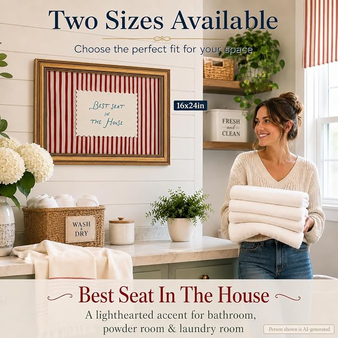 Funny Bathroom Wall Art, Vintage Gold Framed Best Seat in the House, 16x24 | Red striped canvas with Best Seat in the House quote, rustic farmhouse decor for bathroom, living room, bedroom or entryway
