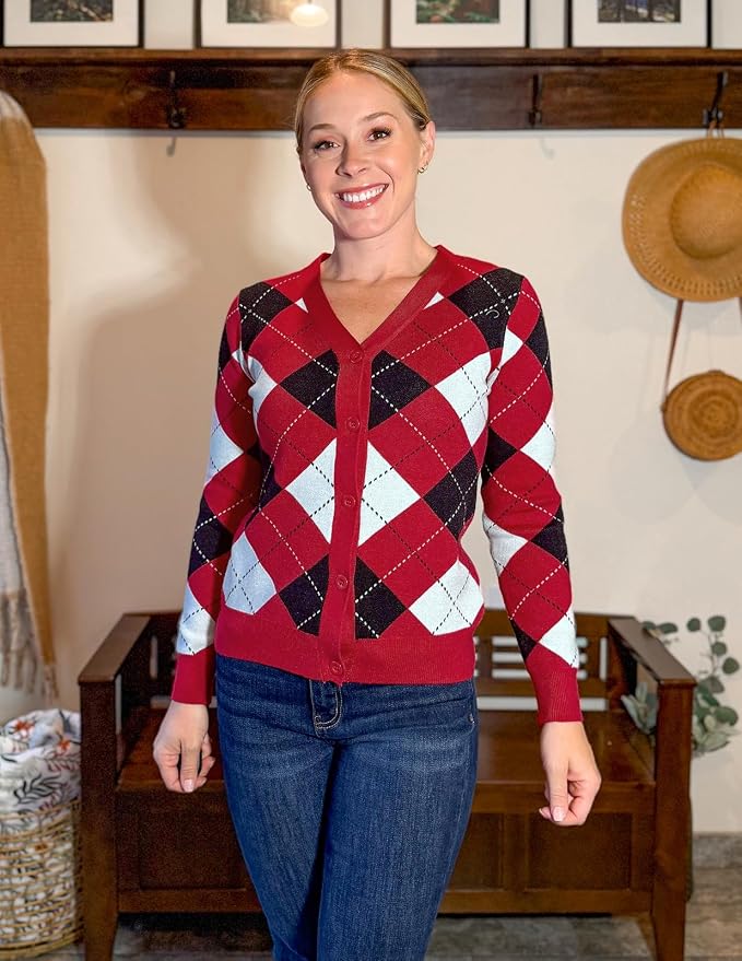 GRACE KARIN Womens Cardigan Sweater Fall Fashion Argyle Sweater Button Up Cardigan Teacher Outfits Preppy Clothes