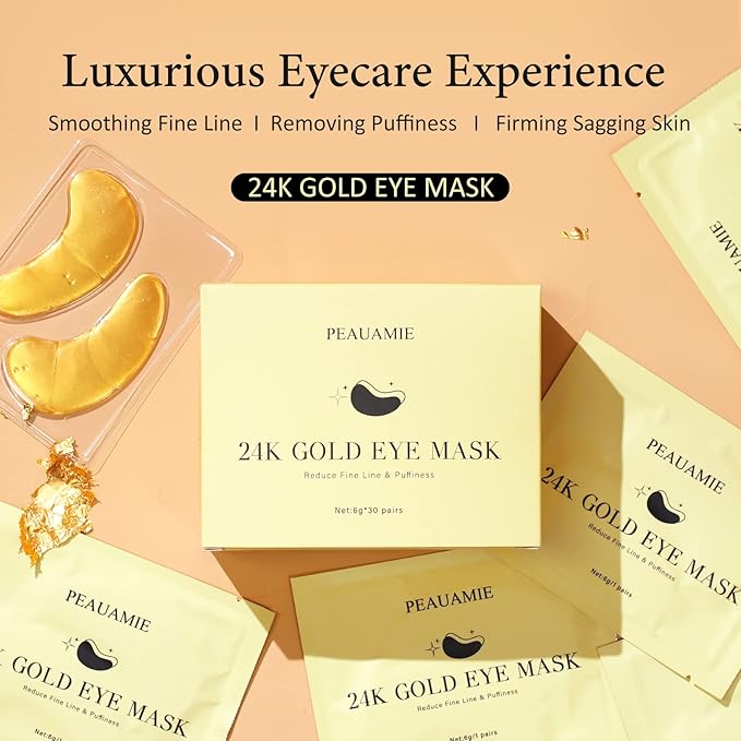 PEAUAMIE Under Eye Patchs 24k Gold Eye Mask and Hyaluronic Acid and Rose for Dark Circles and Puffiness Wrinkle Eye Bags 30 Pairs