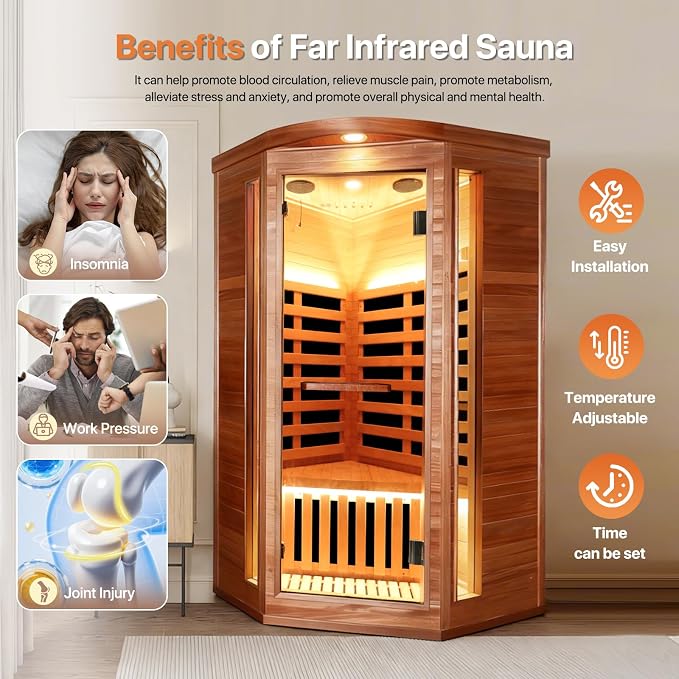 OUTEXER Corner Sauna for One Person Far Infrared Sauna Low-EMF African Mahogany Wood 1300W Indoor Saunas Wood Wax Oil on Outer Surface 37 * 37 * 71Inch