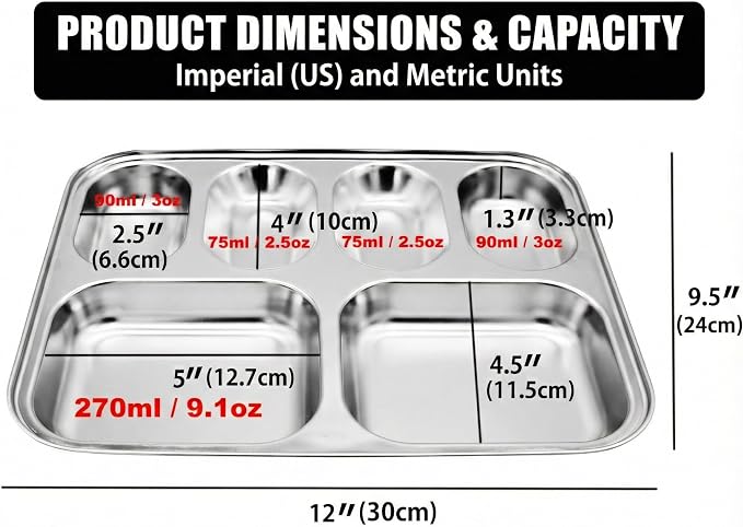 Korean Stainless Steel Divided Plates for Kids & Adults 2-Pack Food Tray | 6-compartment tray for portion control. Premium 304 electro-polished stainless steel, no black residue