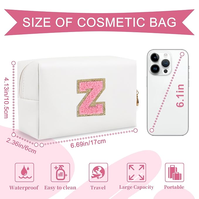 Personalized Makeup Bag Initial A-Z Preppy Patch Bag,Small PU Leather Travel Cosmetic Bag Pouch with Zipper,White Cute Toiletry Bag,Gift Ideal for Teen Girls Women Birthday Friend Mom,Letter Z
