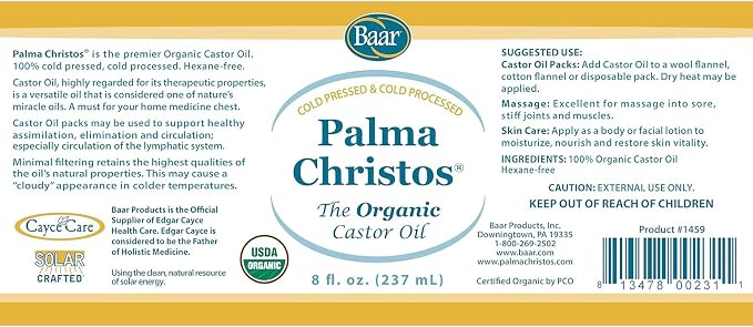 Baar Palma Christos Organic Castor Oil, Cold-Pressed, Hexane-Free, USDA Certified, for Skin, Hair, Massage & Castor Oil Packs, Glass Amber Bottle, 8 oz.