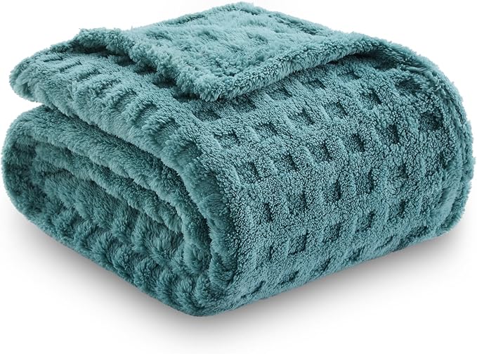 NEWCOSPLAY 3D Waffle Checkered Flannel Twin Blanket, Light Teal, 60"x80" | Super Soft Cute Lightweight Decorative Premium Silky Fleece Blanket for Couch Sofa Bed, Gift for Women Men, All Season Use