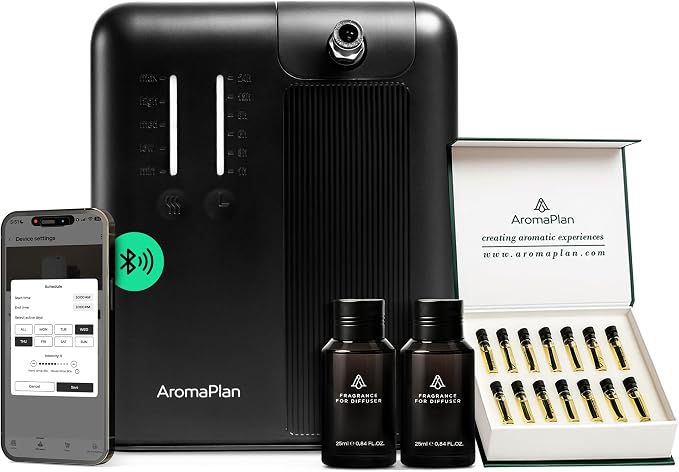 AromaPlan 5 Star Collection Cold Air Scent Diffuser, Whole House (Includes 2 Fragrances & 12 Set Sample kit) - Smart Scent Diffuser, HVAC System- Touch & App, 2000 Sq. Ft Cov. (Black)