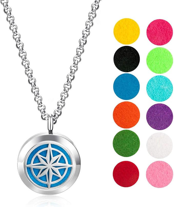Wild Essentials Nautical Star Essential Oil Diffuser Necklace, Stainless Steel Locket Pendant with 24 inch Chain, 12 Color Refill Pads, Customizable Color Changing Perfume Jewelry for Aromatherapy
