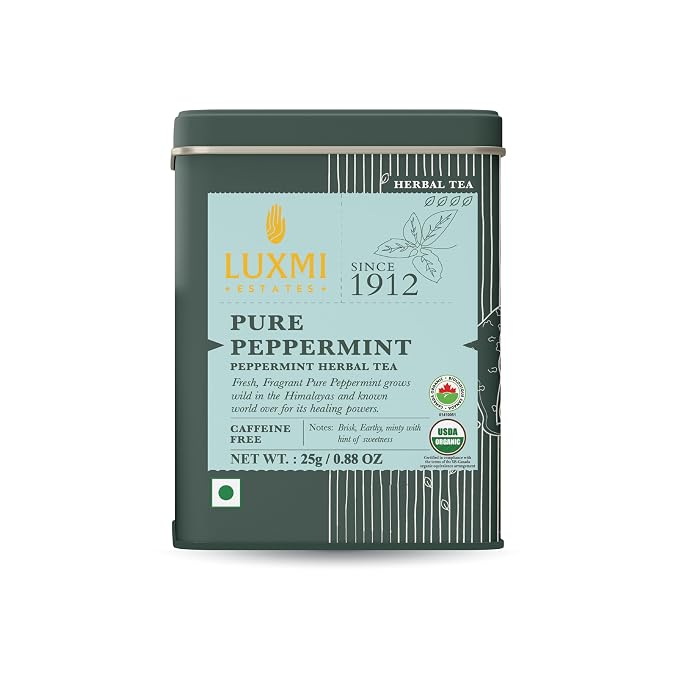 Luxmi Estates Pure Peppermint Tea | Loose Leaf in Resealable Tin, 25g (0.88oz, 12 Cups) | USDA Organic Single-Ingredient Whole Leaf Peppermint | Caffeine-Free Herbal Infusion, Vegan (25 gm)