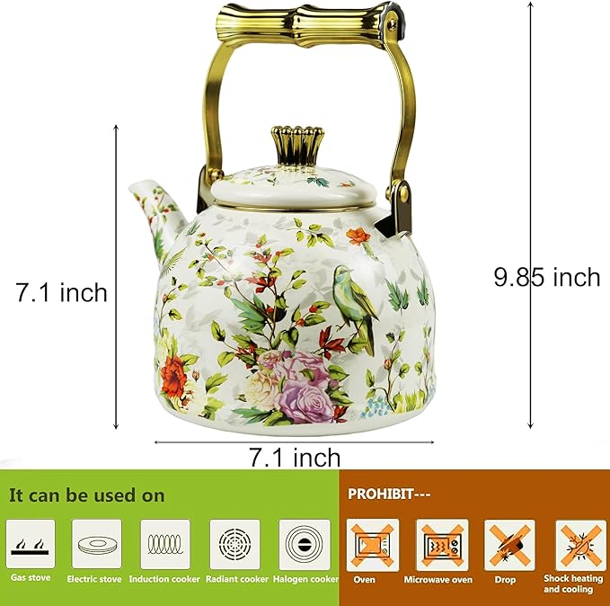 Vintage Enamel Tea Kettle Birds Floral Boho Stovetop Teapot with Gold Handle 2.5L Enamel Kettle Bohemian Kitchen Decor Ideal Gift for Housewarming Camping Coffee Pot
