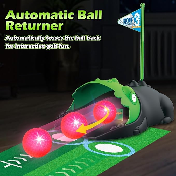 Upgraded Kids Toy Golf Set with Dinosaur Automatic Golf Returner, Led Light Up Night Golf Balls, 3 Clubs, Putting Mat, 3-8 Toddler Mini Golf Games, Indoor Outdoor Sports Toys for Boys Girls