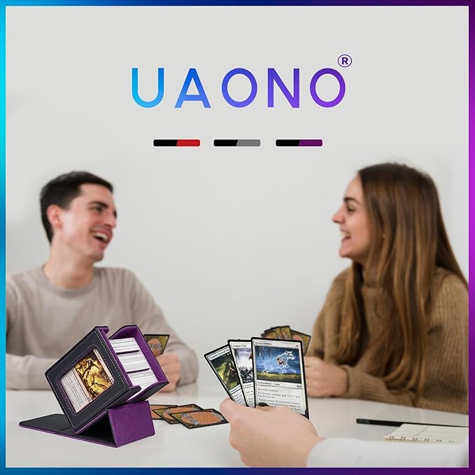 UAONO Card Deck Box with MTG Commander Display, Deck Case Holds 100+ Double-Sleeved Cards, Trading Card Storage Box Fits TCG/PTCG/Sports Card with 2 Dividers, 1 Top Loaders (Black, Purple)