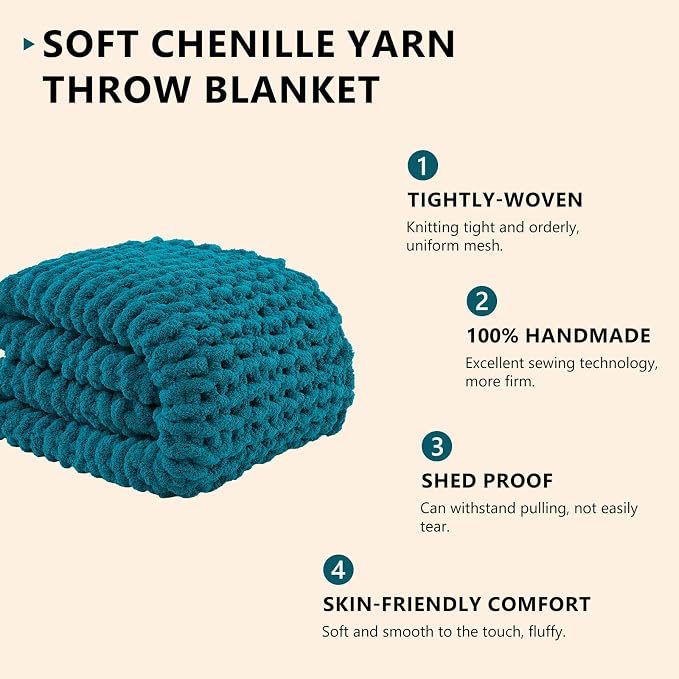 L'AGRATY Chunky Knit Throw Blanket for Couch, 60'' x 80'' Knit Throw, Teal | Handmade Chenille Crochet Blanket for Sofa Bed, Thick Cable Knitted Blankets for Room Home Decor, Birthday Gift for Women Mom
