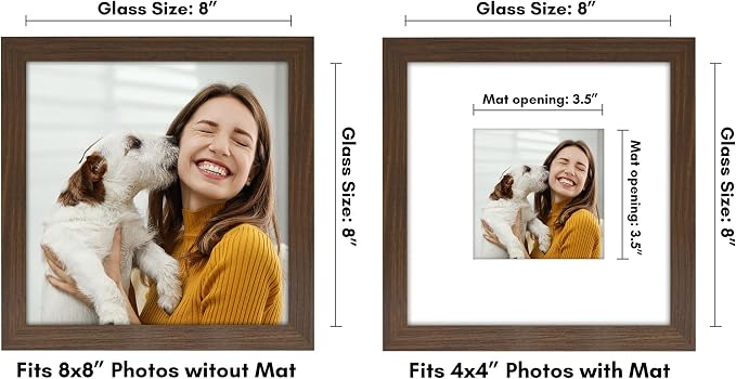 Americanflat 8x8 Picture Frame - Matted to 4x4 - Engineered Wood - Walnut | Shatter-resistant glass, wall or tabletop display with included easel, sawtooth hangers included