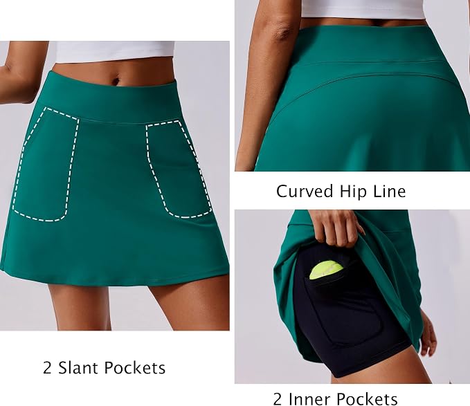 PINSPARK 17" Golf Skorts for Woman High Waisted Tennis Skirt with 4 Pockets | Lightweight, Quick Dry, 4-Way Strecth, Breathable, Tummy Control, UPF 50+ Athletic Skort for Workout, Pickleball, Gym, Casual