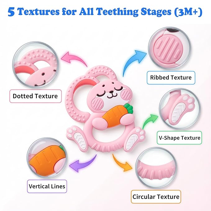 Easter Baby Teething Toys for 3+ Months, Silicone Bunny Rabbit Teether for Babies 3 6 9 12 Months, Teething Relief, Easter Basket Stuffer Essential, Pink Sensory Toy Gifts Girls