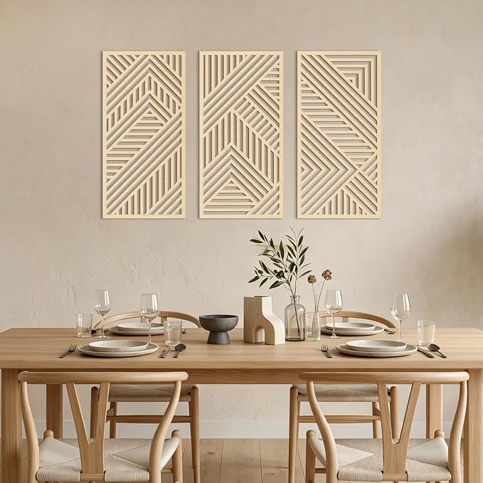 IARTTOP Large Boho Wood Wall Art 16x32 Inch Mid Century Modern Wooden Wall Decor Minimalist Abstract Geometric Artwork for Living Room Office Set of 3