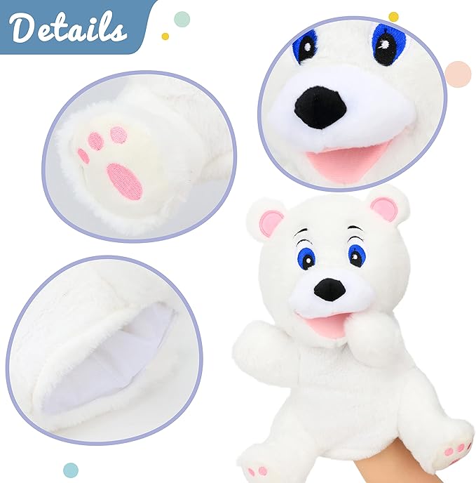 Hopearl Plush White Bear Hand Puppet with Open Movable Mouth for Imaginative Play, Role Play, Interactive Toy for Storytelling Teaching Puppet Theater, Gifts for Kids Boys Girls, 11.5''