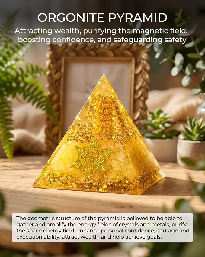 Healing Crystals Orgone Pyramid (Hexagram - Star of David) - Energy Generator for Positive Vibe, Stress Relief & Chakra Reiki Meditation - Spiritual Gift for Success, Wealth & Prosperity (Golden)