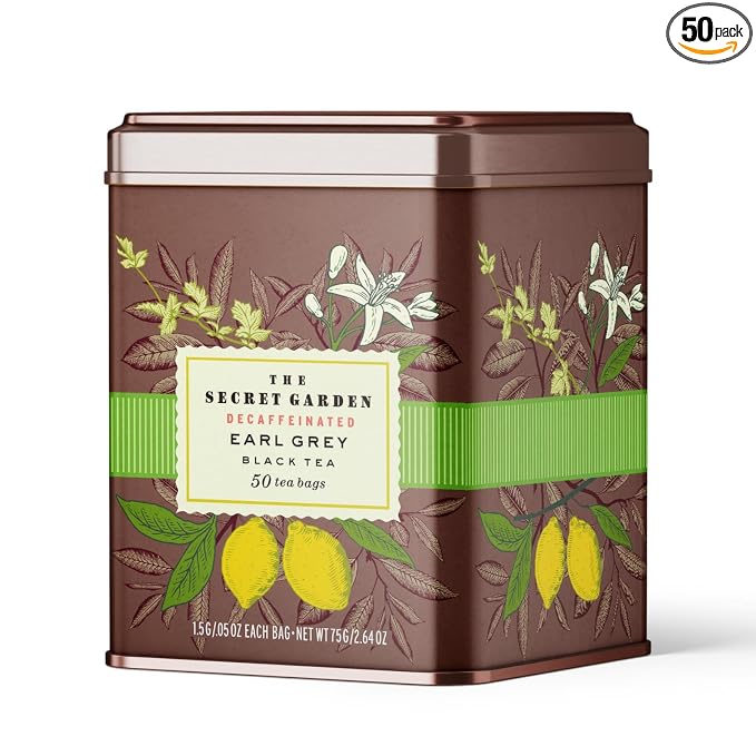 Life Plus Style Gourmet The Secret Garden Decaffeinated Earl Grey Black Tea 50 Premium Tea Bags Natural Bergamot Citrus Flavored Non GMO Gluten Free Hot or Iced Tea Gift Tin