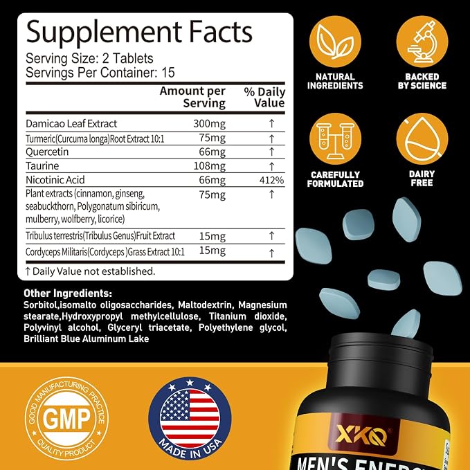 XKQ Vitality Supplement – Daily Energy & Performance Formula for Adult Men | Supports Circulation, Stamina & Confidence | Herbal & Amino Blend | 30 Tablets | 3rd Party Tested