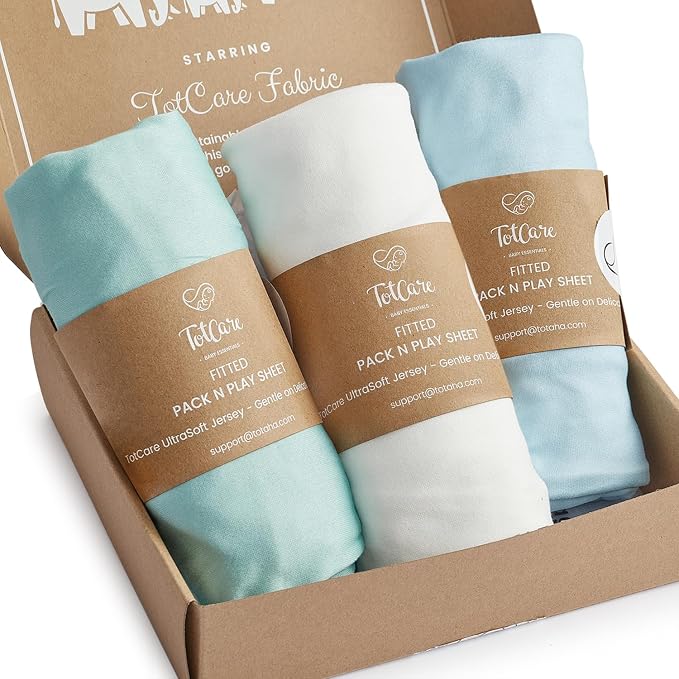 Pack and Play Sheets for Baby Bjorn, Guava Lotus Travel Crib and 24 x 42 Inch Travel Light Playard Mattress – Buttery Soft Jersey Pack n Play Sheets Fitted, Blue Sage Cloud, 3 Pack